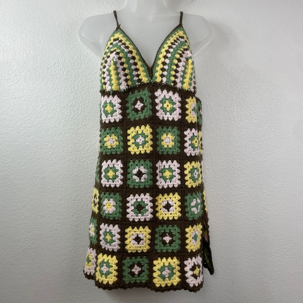 Handmade Crochet Granny Square Mini Dress Brown Green Yellow‎ Boho Festival Slit